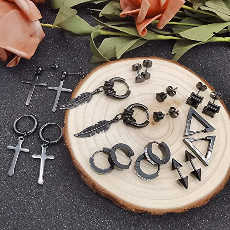 11/12/13/15/17 Pairs Black Earrings Set Stainless Steel  Hoop Earrings for Men Gothic Cross Round Street Pop Hip Hop Ear Jewelry images - 6