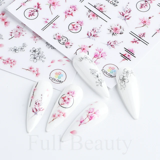 NailYork - Nail Export Salon Supplies - The 3D Flower Style Nail Stickers with Pink Purple Blossom Florals | Decals also with Leaves | Nail Art Adhesive Sliders Super Charms| Nail Art and Manicure Decorations - Image 2