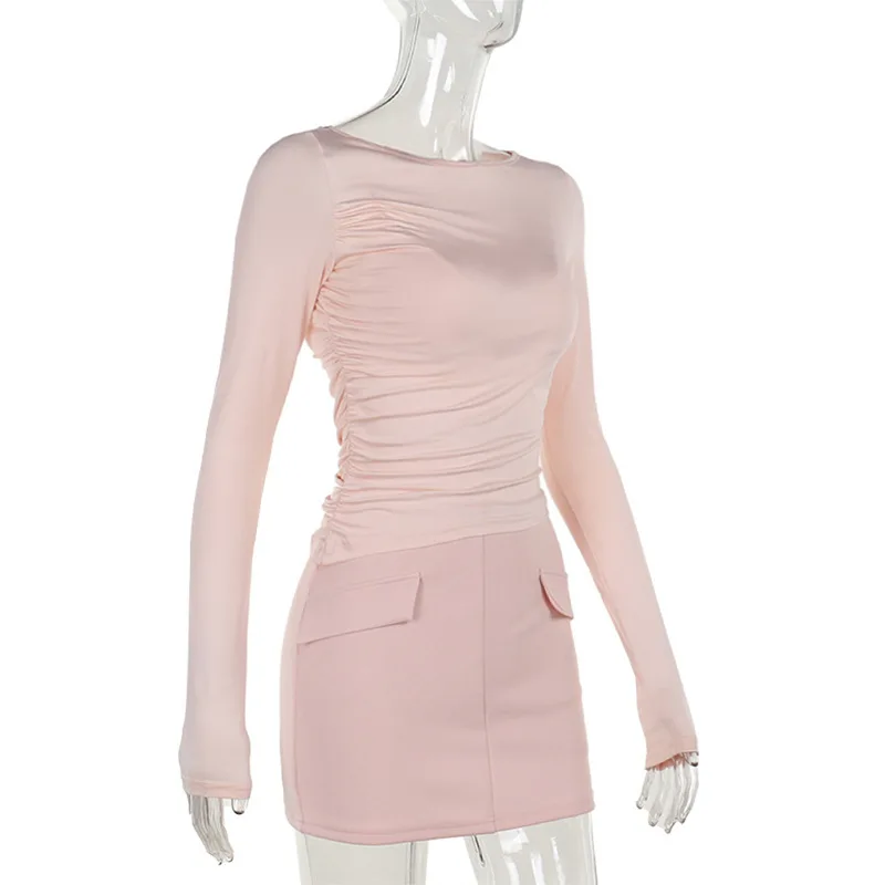 JULISSA MO Patchwork Round Neck 3 piece Sets Women Skirt Suit Pink Long Sleeve T-shirt Mini Skirt Autumn Slim Elegant Skirt Sets