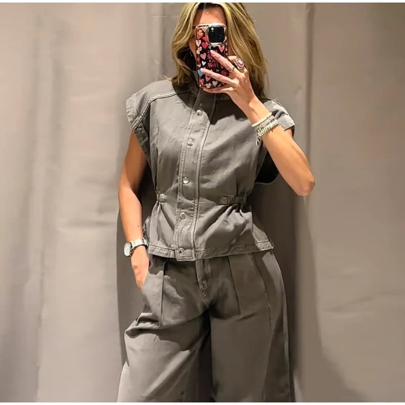 Damen Denim Zweiteiler Set Ärmellose Knopfleisten-Crop-Weste Hochgeschnittene Weite Hose Lässiges Tägliches Streetwear Mode-Outfit – Detail 1