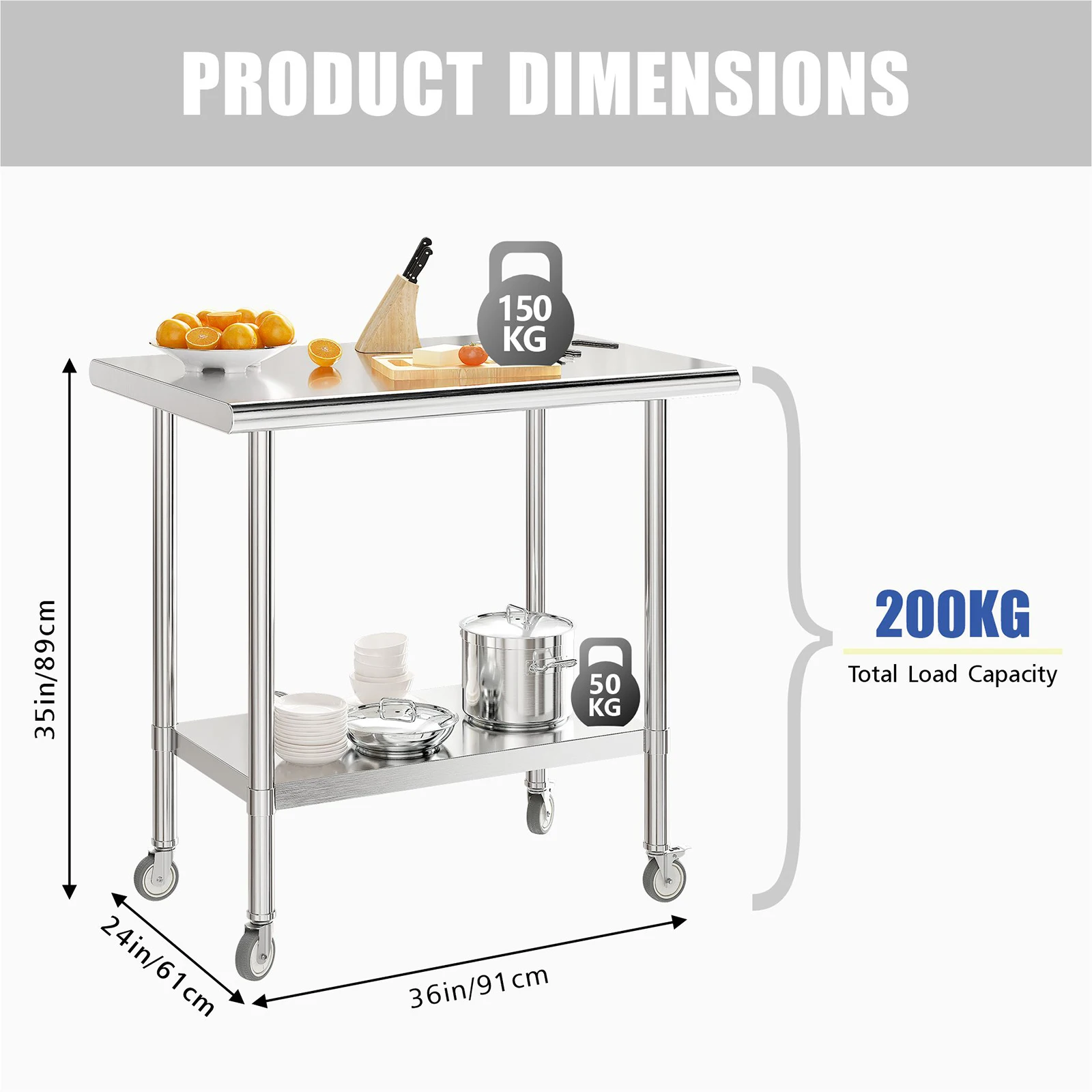 Tavolo Da Lavoro A 3 Livelli In Acciaio Inox - Scaffale Regolabile, Portata 30 Kg/livello, Per Cucina, Ristorante, Officina