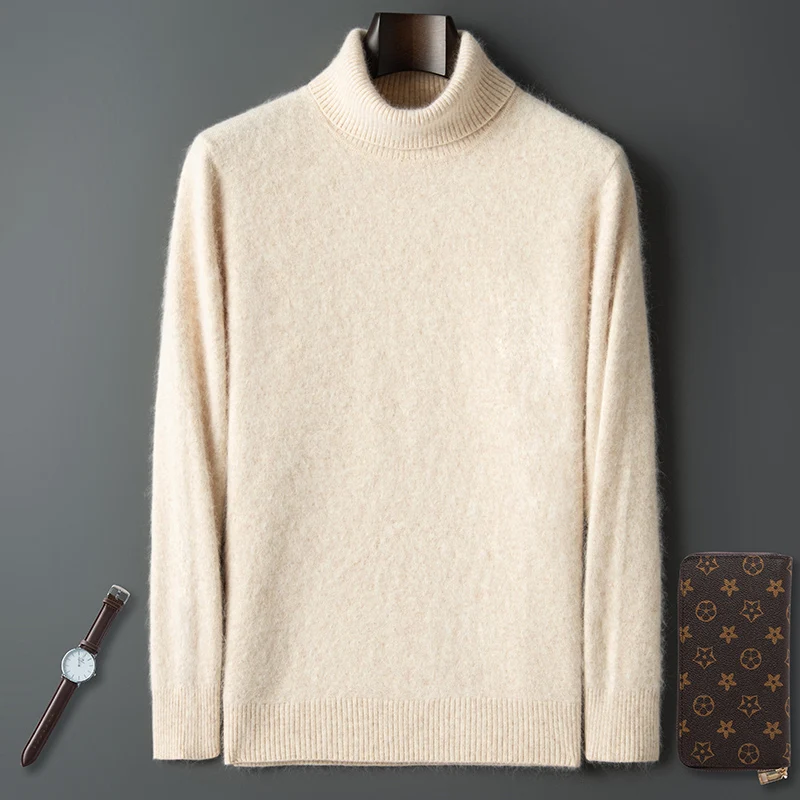 Autumn and Winter Men Loose Turtleneck 100% Mink Cashmere Sweater Men's Casual Thermal Pullover Solid Color Knit Plus-Size Top 2