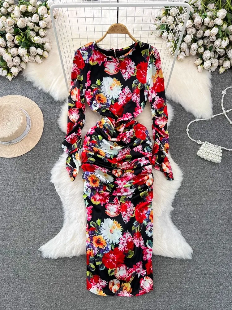 

HIGH STREET Newest 2024 Designer Women's Long Sleeved Round Neck Pleated Mesh Printed Dress