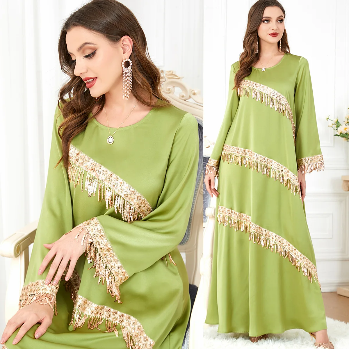 

Morocco Party Dress Muslim Women Abaya Prayer Green Caftan Maxi Tassel Dresses Robe Abayas Dubai Turkey Longue Vestidos Largos