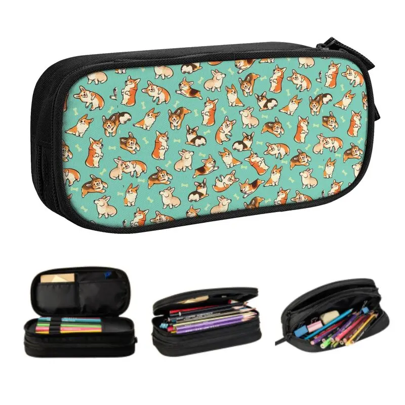 

Cute Jolly Corgis Dog In Green Pencil Cases for Boys Gilrs Custom Large Storage Pen Box Bag School Supplies