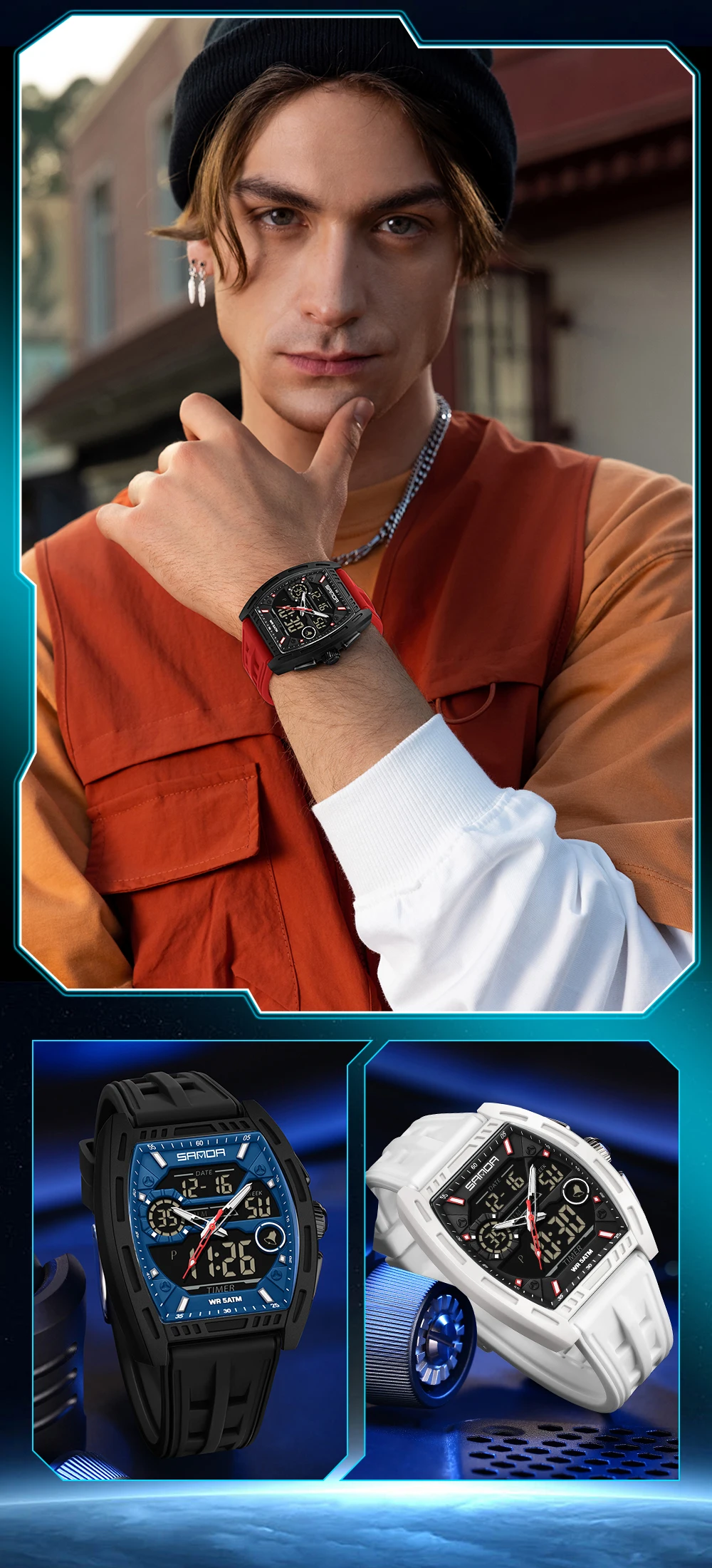 Montre numérique pour homme, double affichage, calendrier, alarme lumineuse, compte à rebours, montre électronique tendance pour homme, Reloj Hombre_voghion.com