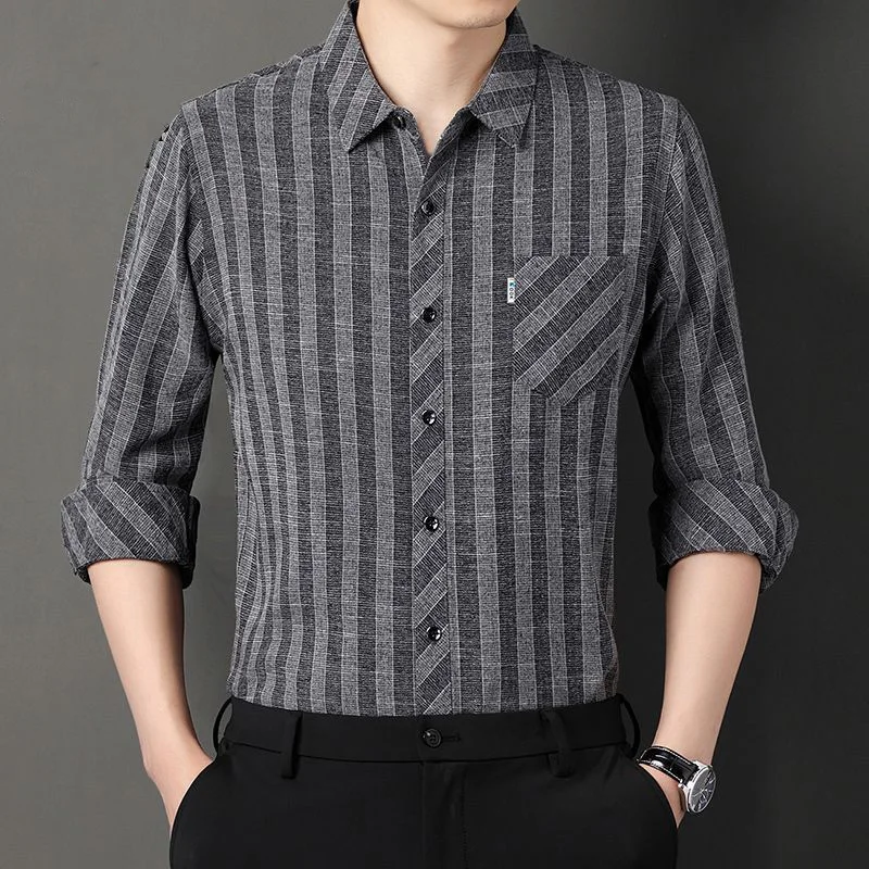 Fashion Lapel Button Pockets Business Striped Shirts Men's Clothing 2023 Autumn New Oversized Casual Tops All-match Shirt