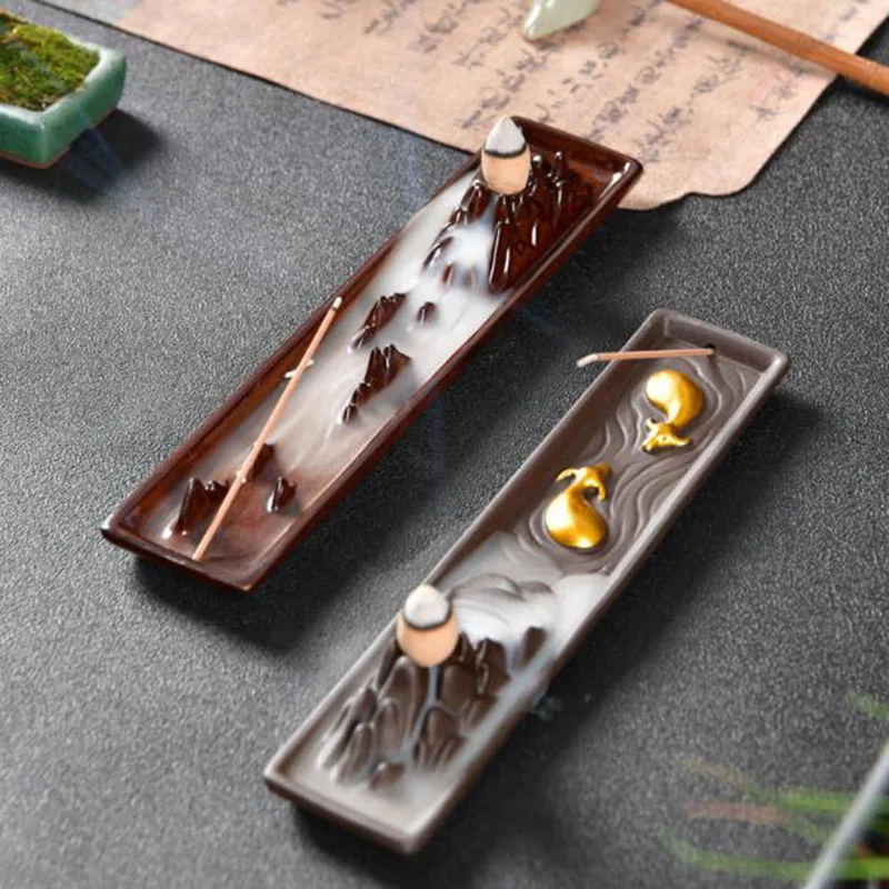 Double Fish Ceramic Backflow Incense Burner with Waterfall Smoke