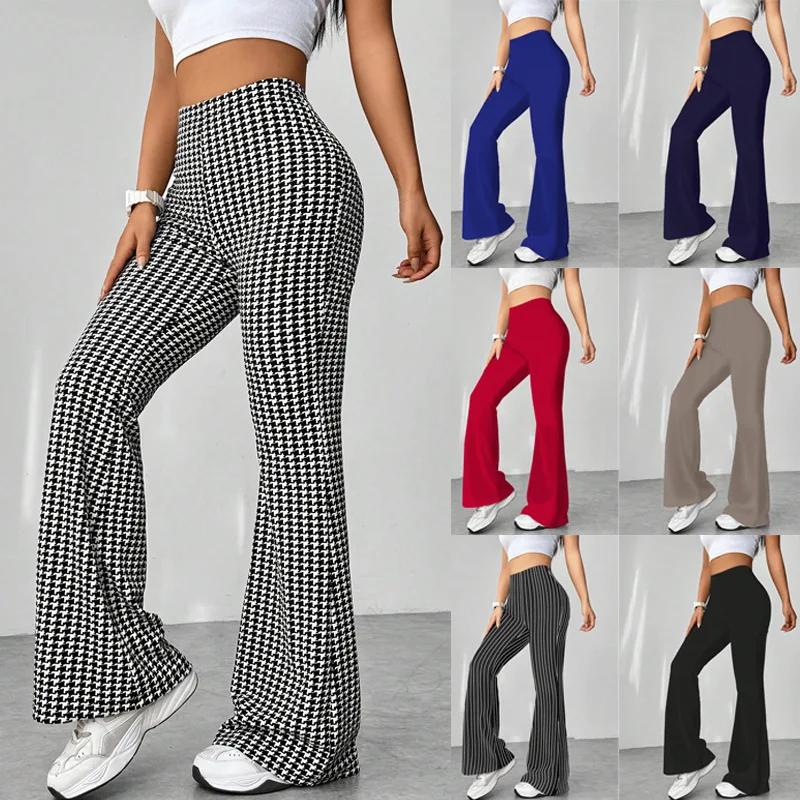 Women Black White Plaid Wide Leg Elastic Waist Vintage Flare Trousers