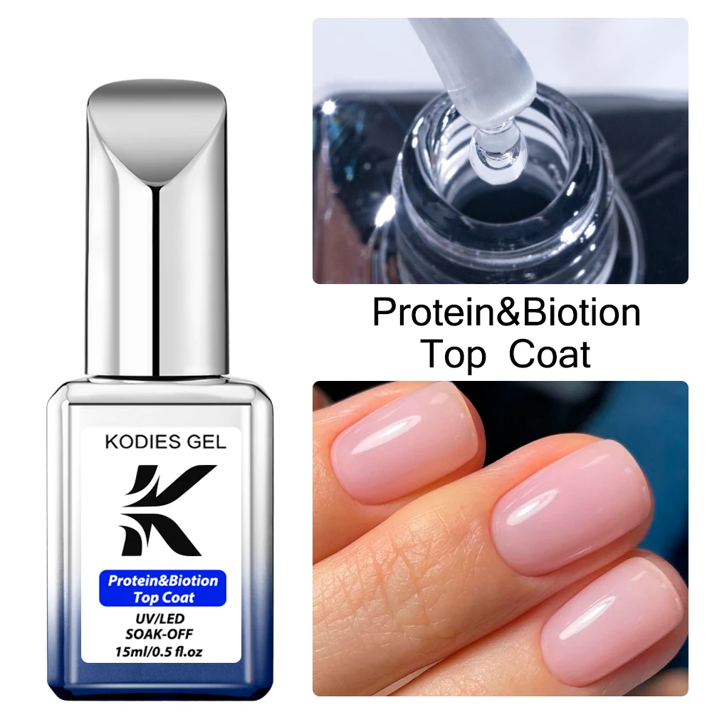 KODIES GEL Glossy Gel Top Coat No Wipe Protein Biotin Base Gel Nail Polish Semi Permanent UV/LED Soak Off Manicure Gel Varnish 4