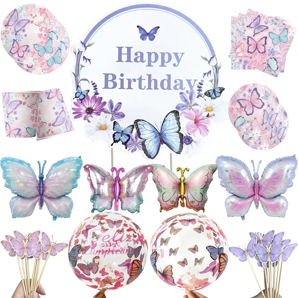 Cake Decorations Butterfly Happy Birthday Cake Toppers Tableware Cups Baby Shower Wedding Birthday Party cake topper cake decoration