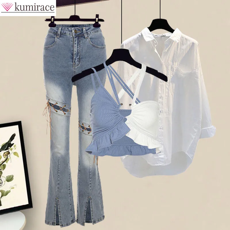 Spring New Casual Pants Suit Blue and White Splicing Suspender Vest White Shirt Jeans Three Piece Set Female Blouse Tracksuit blouses lace splicing button hollow out cold shoulder blouse in white size l m s xl