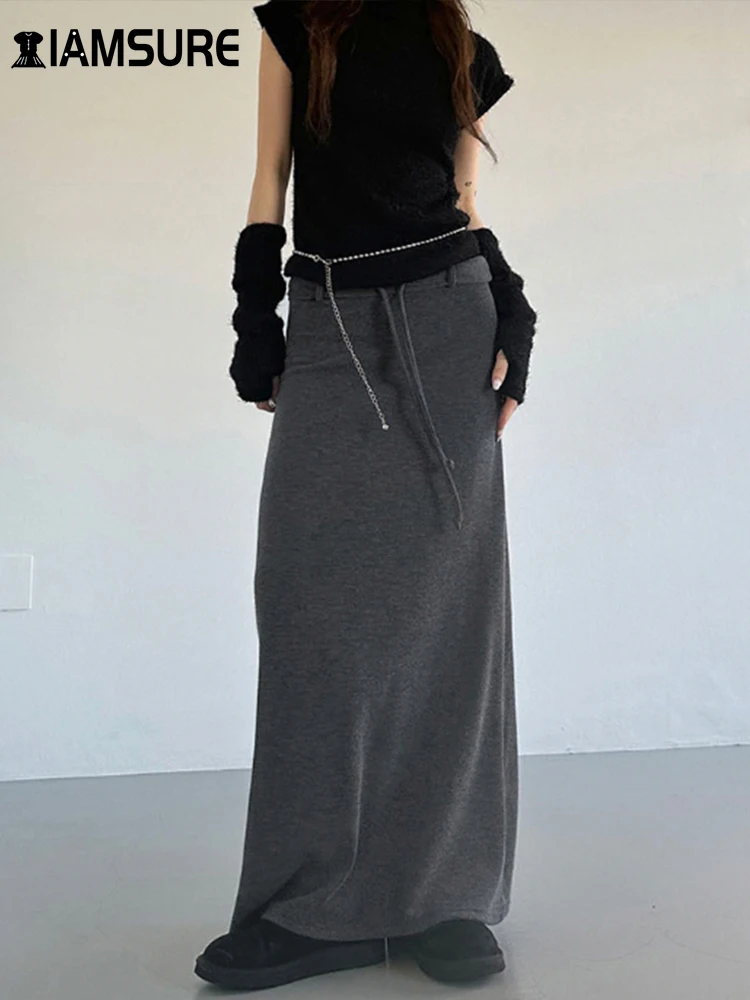 

IAMSURE Basic Solid Knitted Straight Skirt Casual Slim Low-Waisted Maxi Skirts Women 2023 Autumn Winter Fashion Streetwear Lady