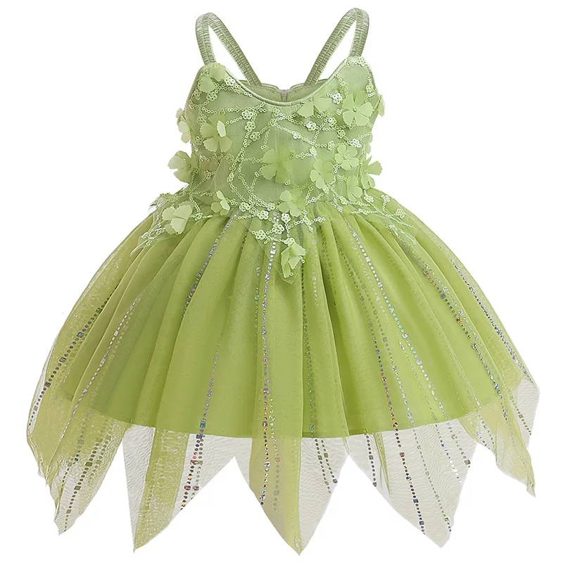 1 to 7Y Tinker Bell Dresses Cosplay Costume Girls Green Gown Elegant Robe with Wing Party Halloween Evenning Princess Clothing
