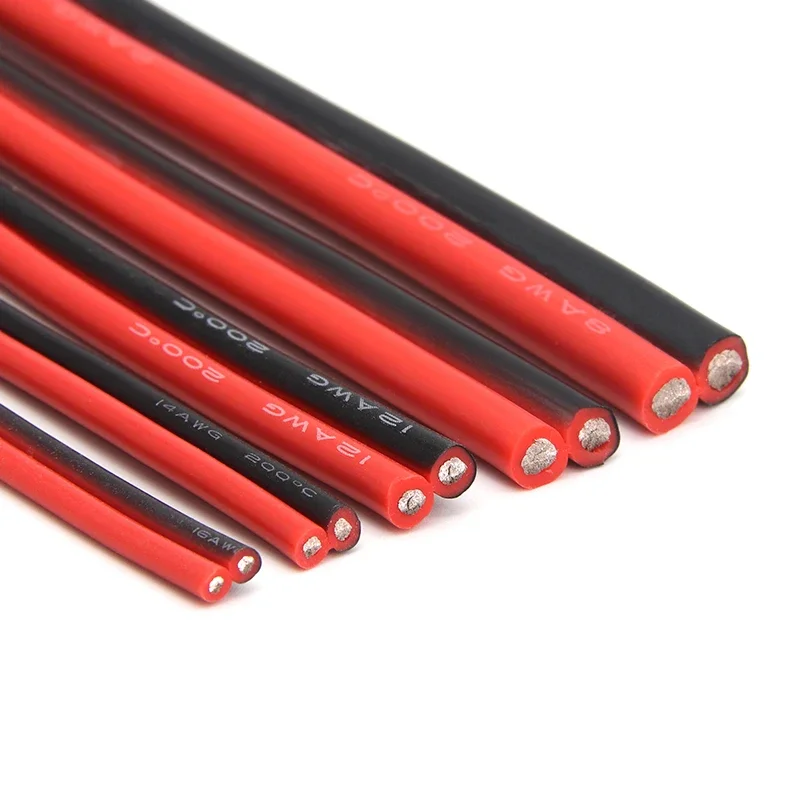 Copper Wire Silicone Rubber Cable Soft 30 28 26 24 22 20 18 16 14 12 10 8 AWG  Black Red 2Pins Flexible DIY LED Connector