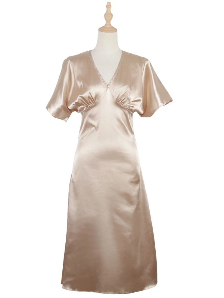 

Women Elegant Party Satin Silk Dresses Solid Color Short Sleeve Sundress Fashion Lady High Waist Dress Summer V-Neck Vestidos