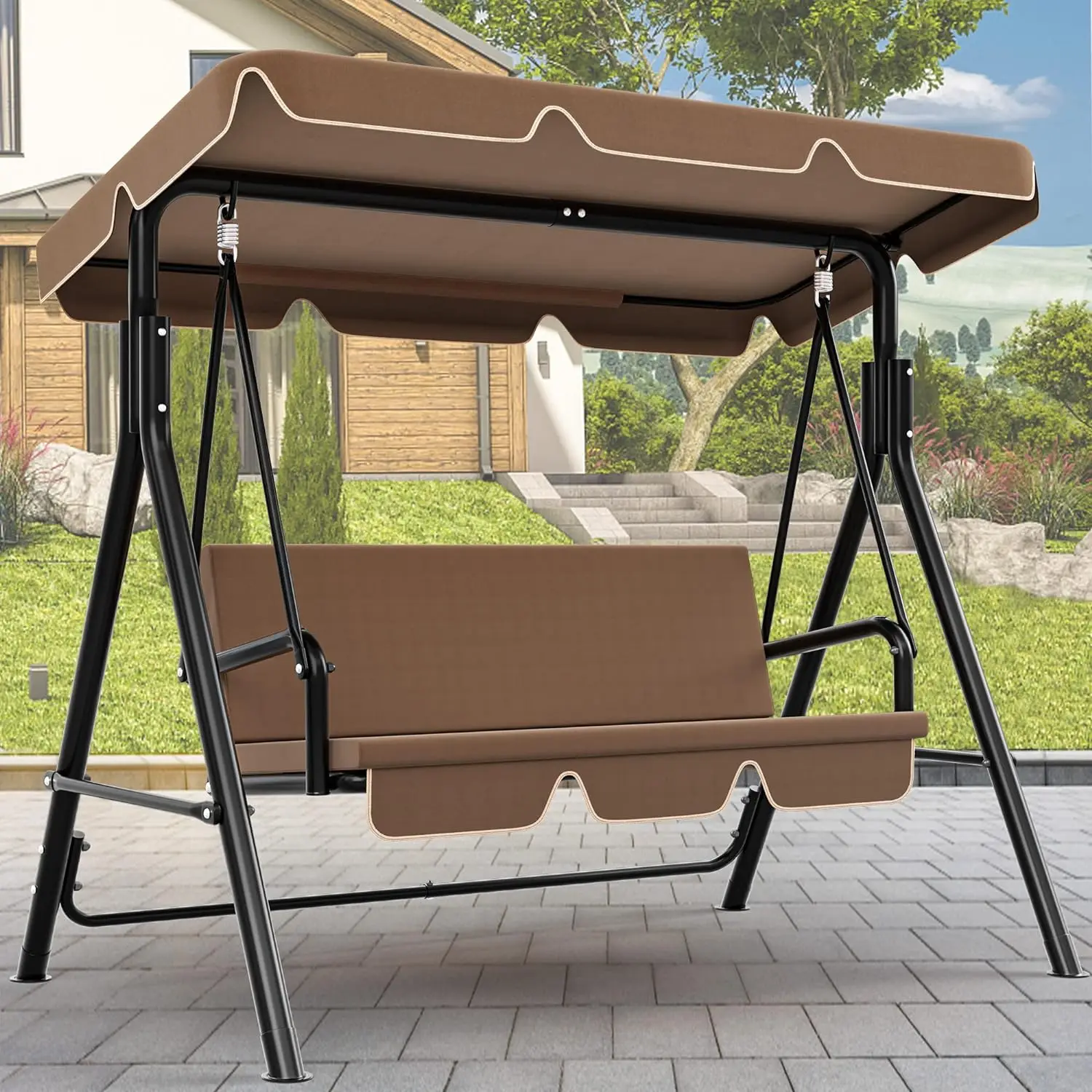 Porch Swing with Stand, Canopy Patio Swing Chair with Removable Cushion, and Weather Resistant Powder Coated Steel Frame