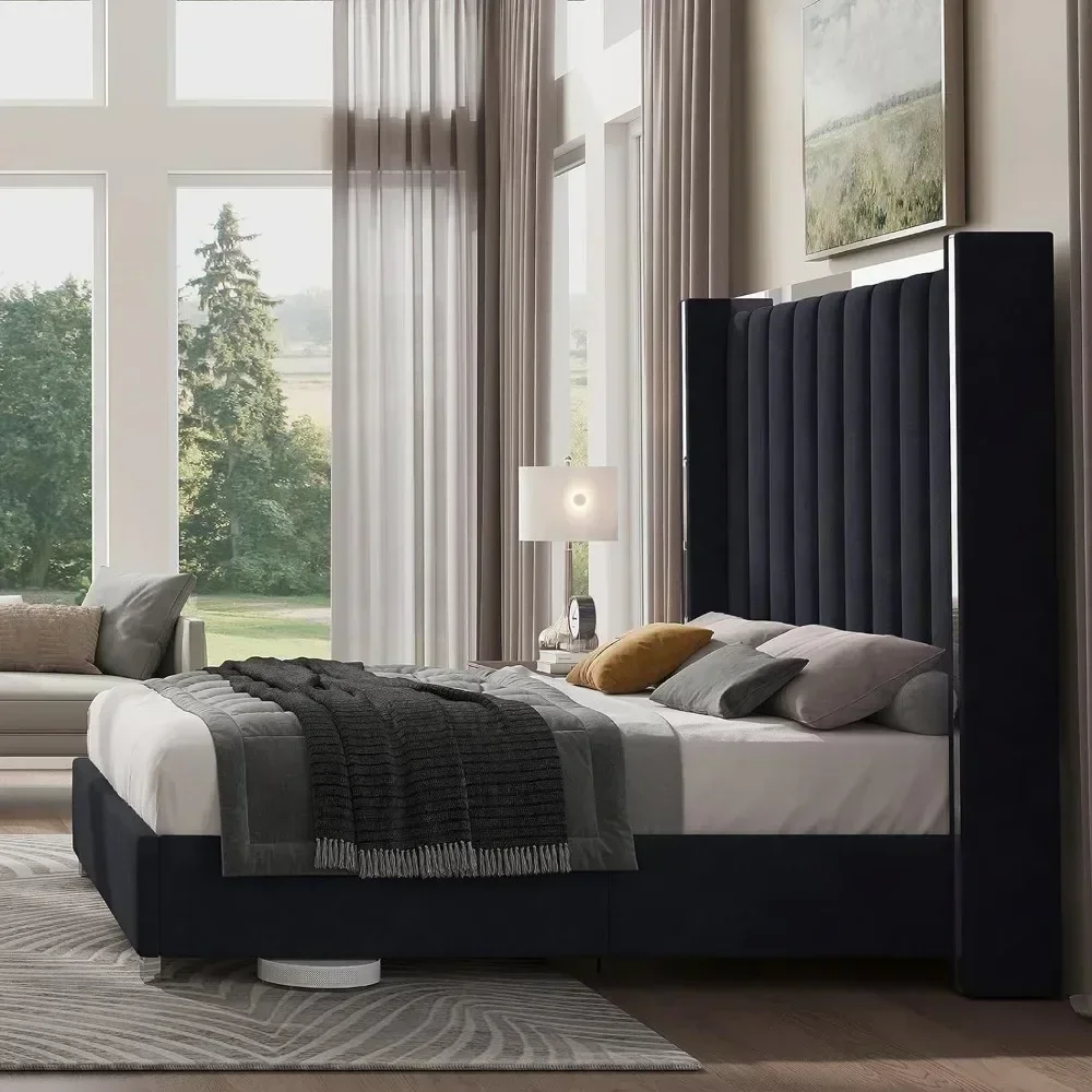 King Size Bed Frame with 58" Tall Headboard, Velvet Upholstered Platform Bed with Wingback Headboard and Plating Trim 4