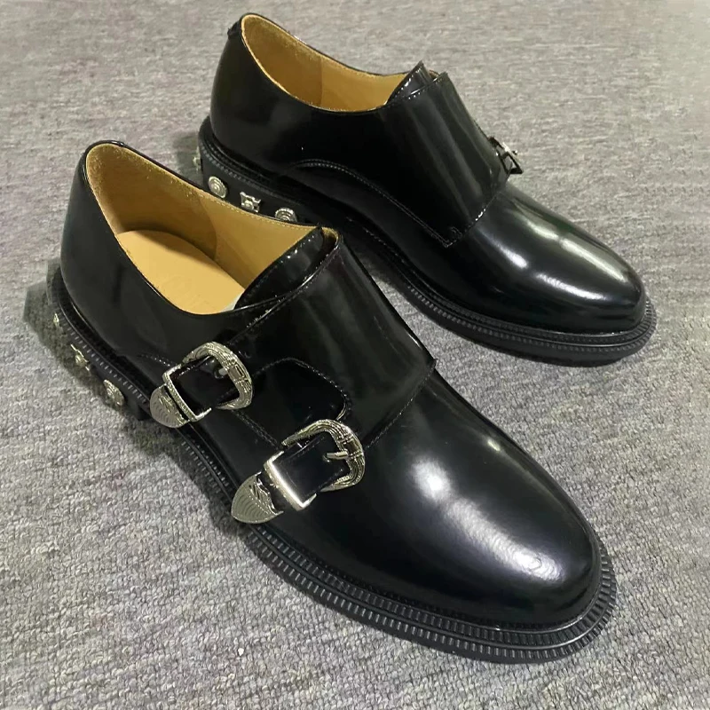 

Black Studded Leather Men's Shoes Round Toe Metal Buckle Design New Full Dress Men Shoes Retro Stylish Slip-on Spring Loafers