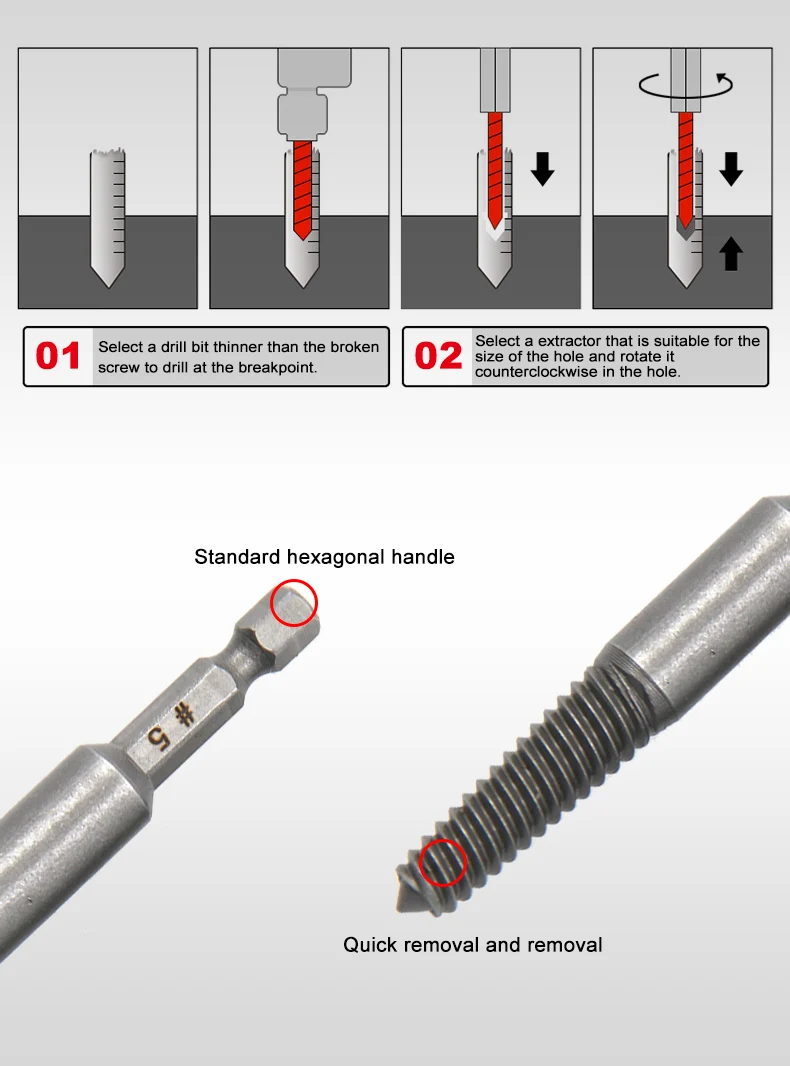 5PC Hexagonal Handle Broken Head Screw Extractor Power Tool Accessory Hexagonal Broken Thread Extractor Thread Set Image 5