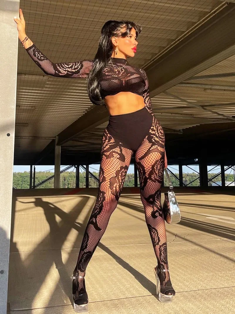 

Fashion Sexy Women's Hollow Out Solid Black Two Pieces Woman Outfit O-neck Long Sleeve Crop Top and Leggings Night Club Suit