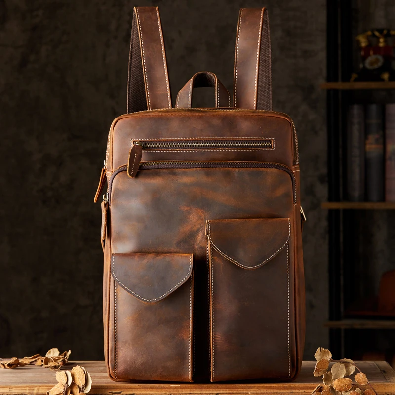 

Retro Genuine Leather Backpack Men Vintage Handmade Office Laptop Bag Crazy Horse Leather Knapsack Cowhide Leather Rucksack