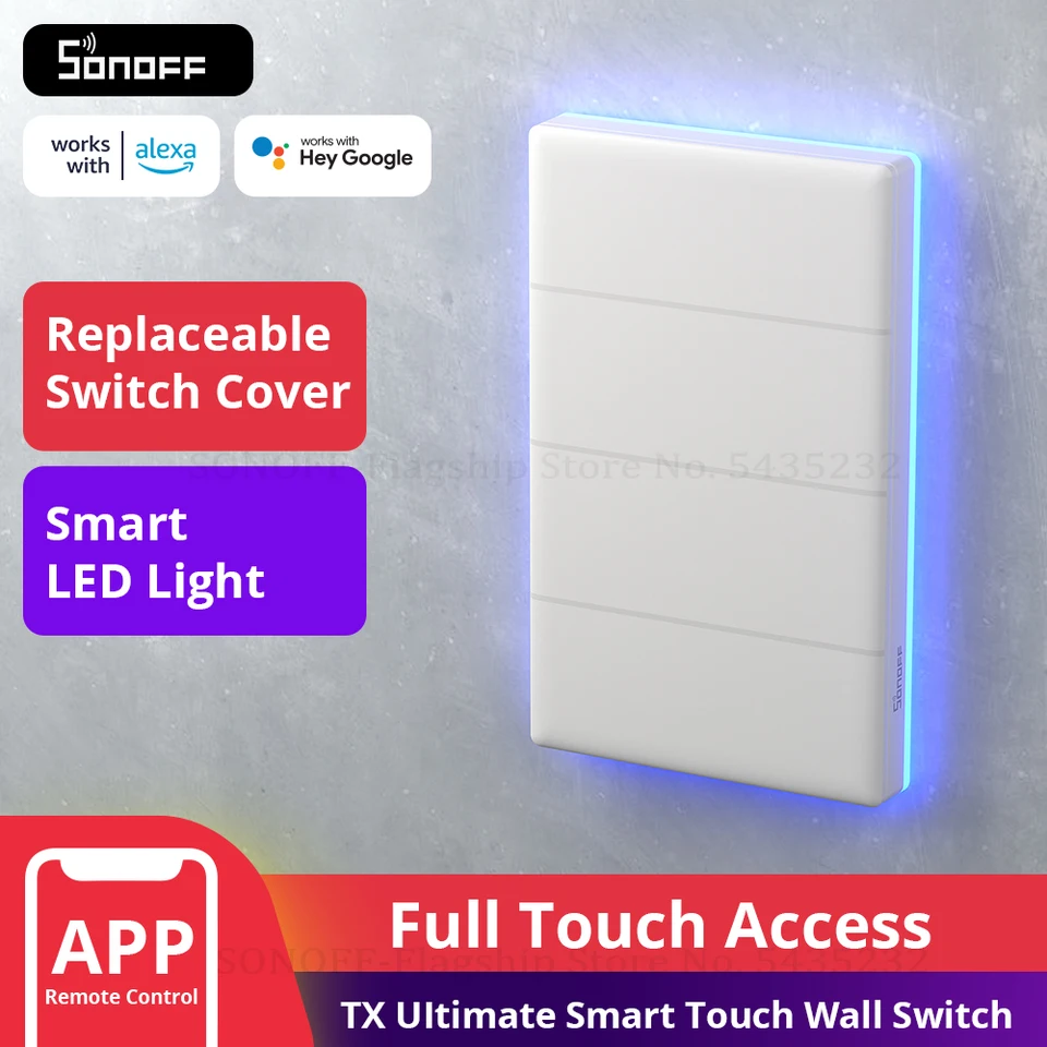 Interruttore Smart WiFi SONOFF T5-4C-86 – 4 Pulsanti Touch Con LED RGB – Compatibile Con Alexa E Google Home – Pannello Sostituibile