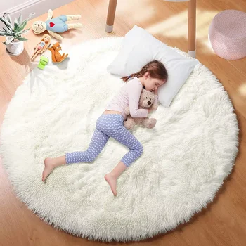 VIKAMA Ultra Soft Shaggy Round Rug Pad Fluffy White Carpet Living Room Home Decor Bedroom Kids Room Salon Thick Pile Carpet 1