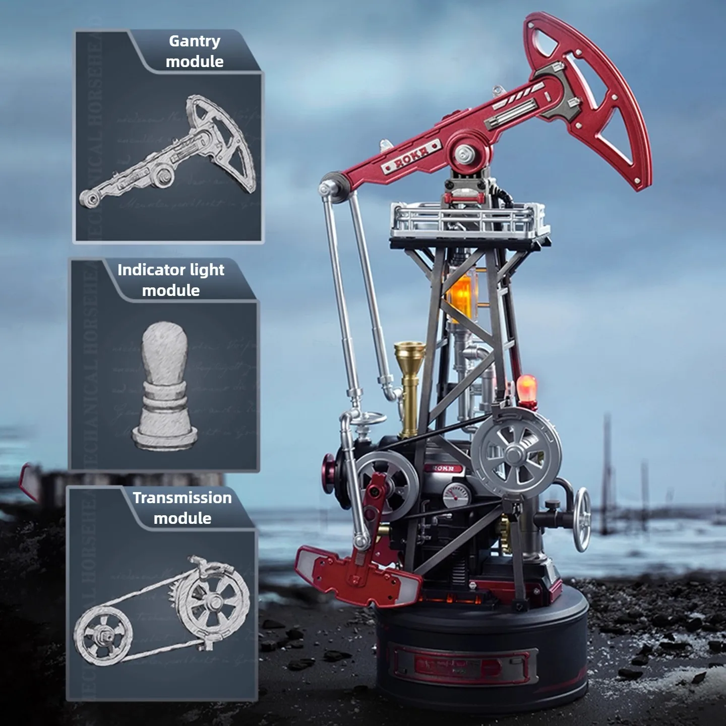 오일 펌핑 머신 모델 조립 키트 127PCS DIY 오일 리그 모델 조명 포함 데스크탑 장식 이동식 모델 조립 키트 장난감
