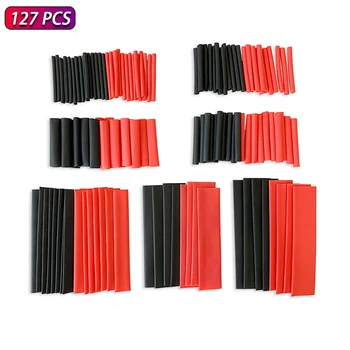 127 peças 2:1 sortimento de tubos termo retráteis-tubo de poliolefina preto e vermelho para cabo de carro, kit de envoltório de manga de fio 1