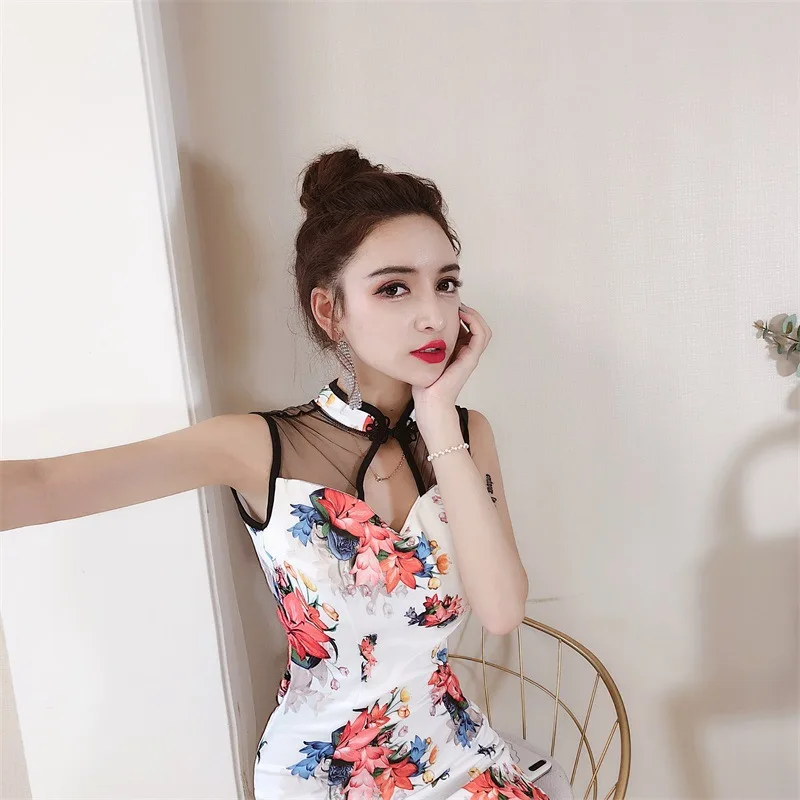 Summer Chinese Traditional Cheongsam Dress Women Short Qipao Dress Floral Print Sexy Patchwork Stain Silk Lingerie Lace Vestidos
