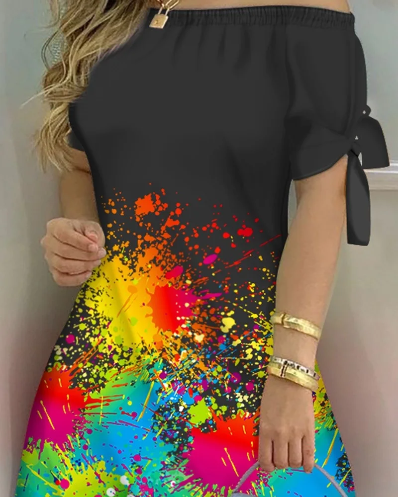 Vestido Estampado Sexy A La Moda Para Mujer, Vestido Acampanado De Manga Corta Con Hombros Descubiertos, Minivestidos Con Hombros Descubiertos Para Mujer - details 3