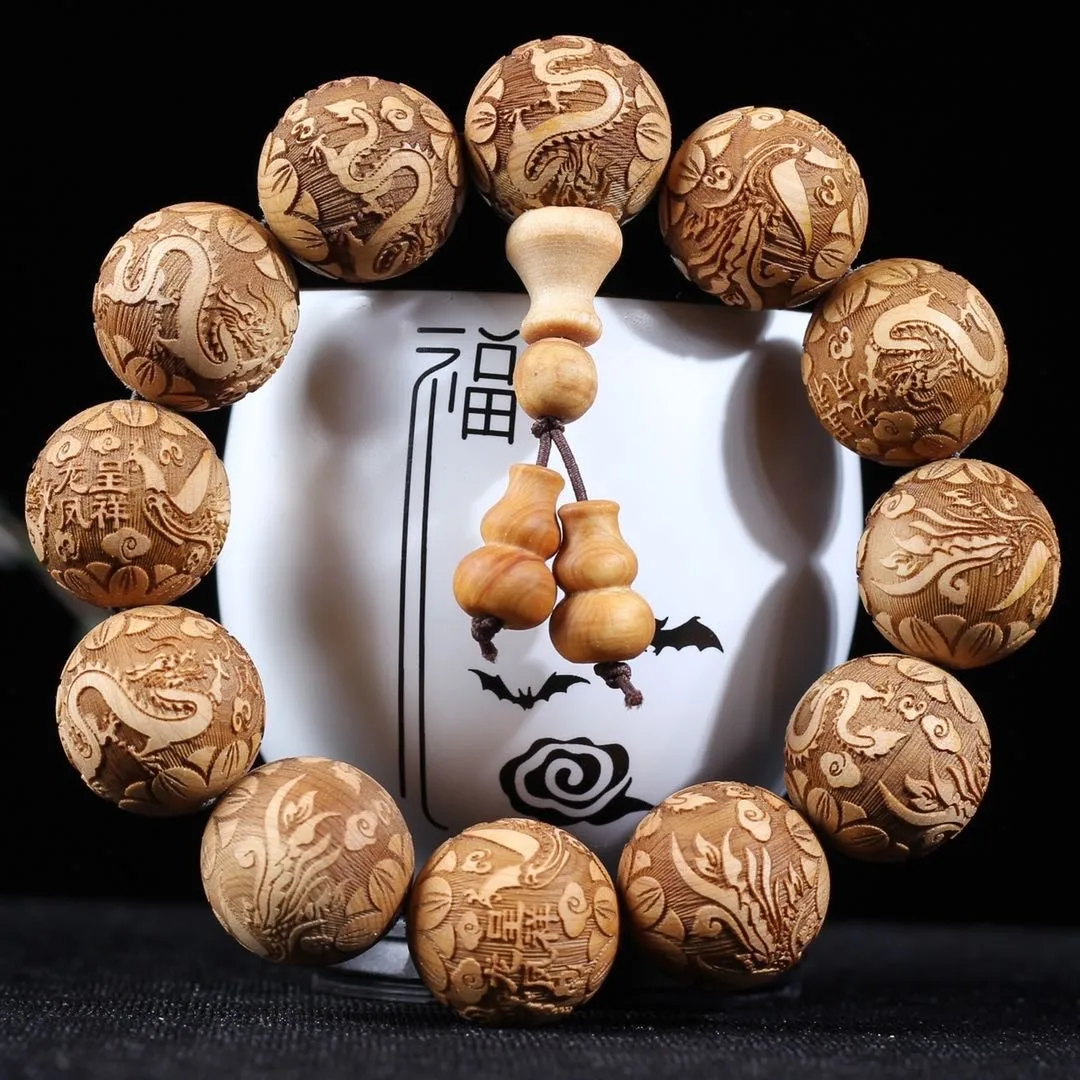 20MM Natural Thuja Cypress Wooden Creative Full Carved Buddha Beads Bracelet Dragon phoenix