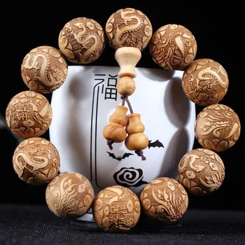 20MM Natural Thuja Cypress Wooden Creative Full Carved Buddha Beads Bracelet Dragon phoenix