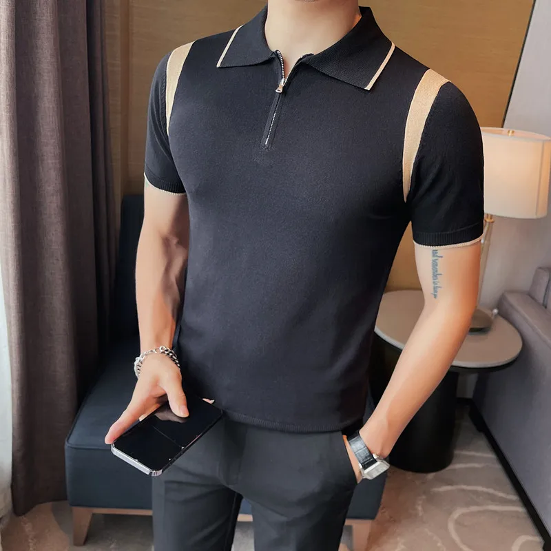 

2023 Summer Lapel Breathable Short Sleeve Temperament Men's Clothing Slim Korean Version Solid Color Trend Knitted POLO Shirt