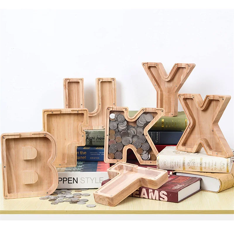 Description Picture 2 of item18cm Twenty-six Letter Piggy Bank Wooden Coin Money Saving Box Jar Coins Storage Box Desktop Ornament Home Decor Craft Xmas Gift