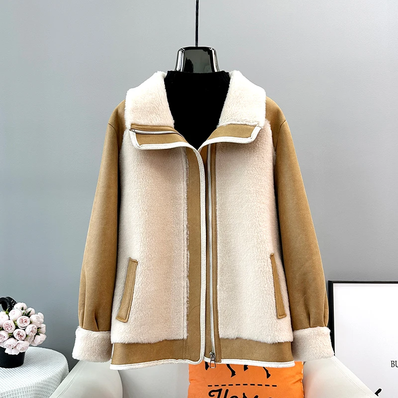 

2023 Women Sheep Shearling Motorcycle Coat Female Girl Lamb Wool Fur Short Warm Jacket Parka JT3461