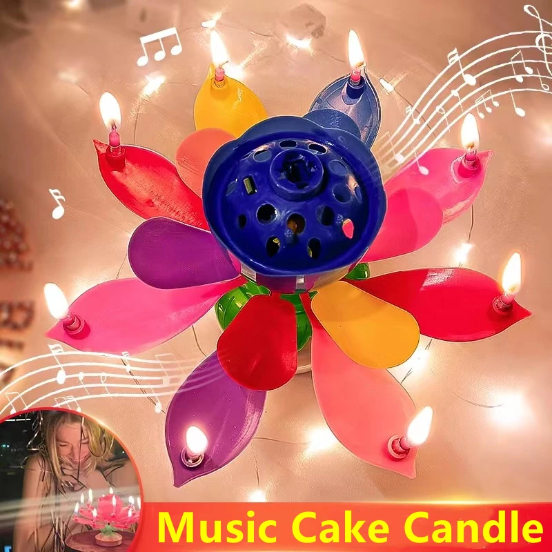 New Cake Candle Musical Rotating Lotus Flower Candle Light Party Happy