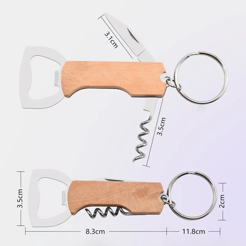 Can Opener Bottle Opener Multifunctional Tool Wine Opener Wine Corkscrew Portable Multi-Functional with Keychain Beech Wood Personalised Gift