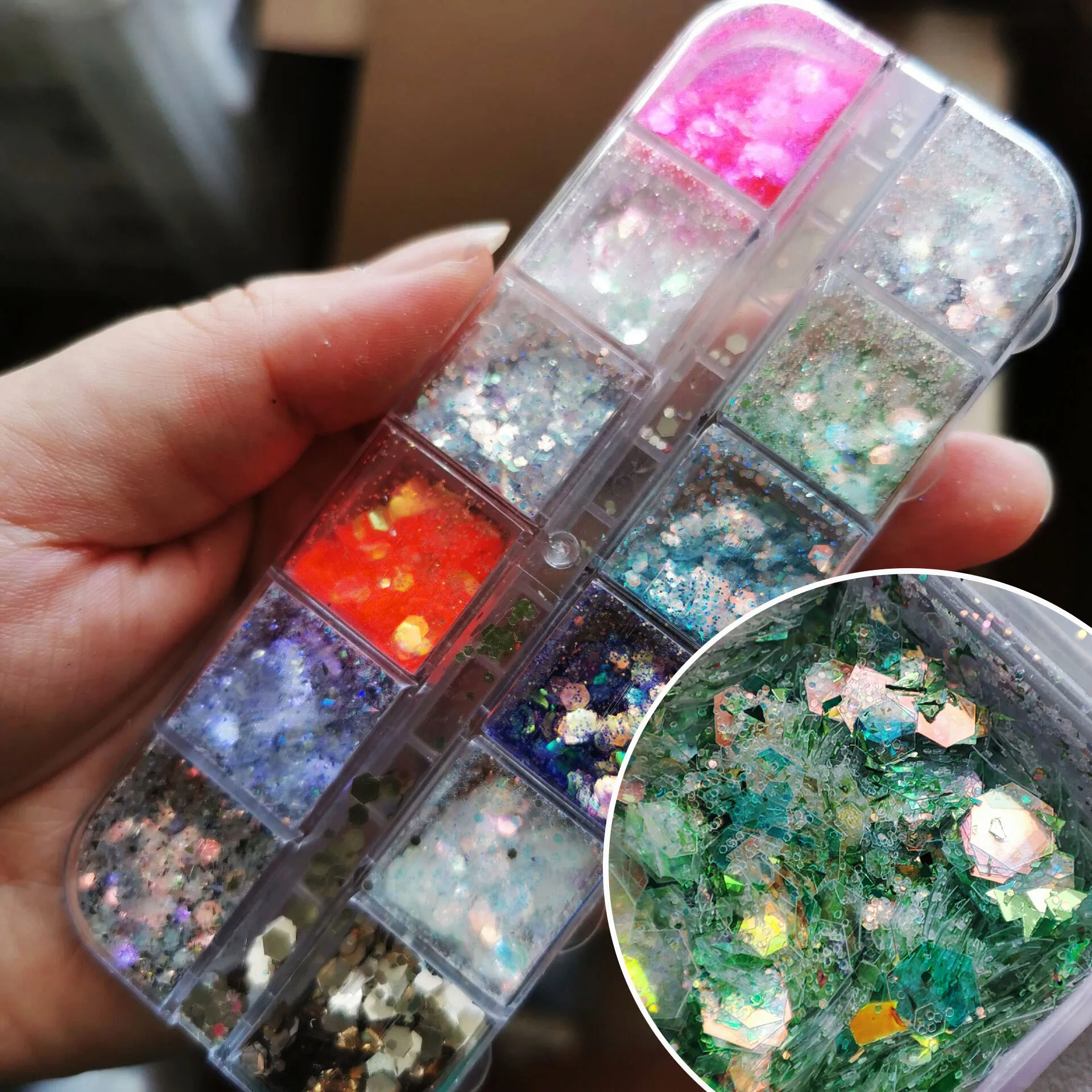 

Iridescent Gradient Mermaid Nail Glitter Flake 12Grid/Box Mixed Hexagon Holo Sequins 3D Gel Polish Paillette Manicure Sequins PH