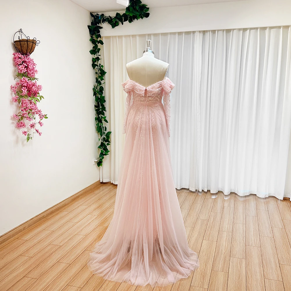 S96e69e6f36fd43b5bc2d62c0b18c6512w Elegant Sky Blue Mermaid Pearls Evening Dress for Women Long Sleeves with Detachable Train Formal Prom Wedding Party Gowns Mallzona