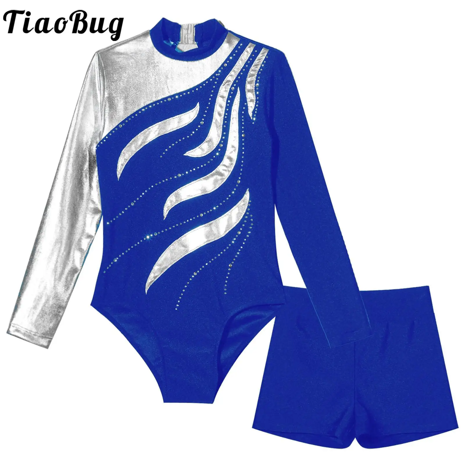 

Kid Girls Gymnastics Leotard Long Sleeve Patchwork Ballet Dance Bodysuit with Shorts Workout Skating Stage Performance Dancewear