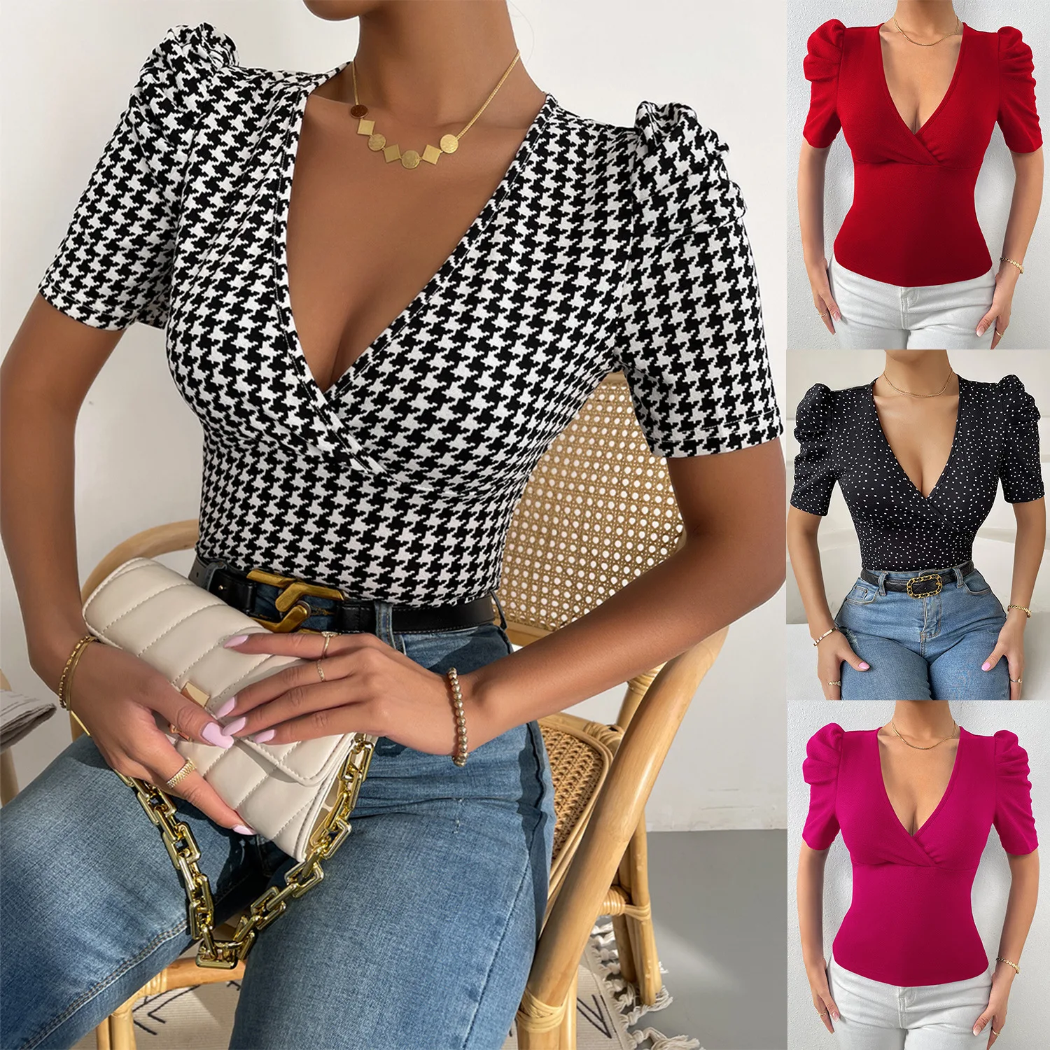 

2024 Spring Women's Pullover V-Neck Puff Sleeve Houndstooth Print Slim Blouse Fashion Casual Short Sleeve Tops Summer Shirt