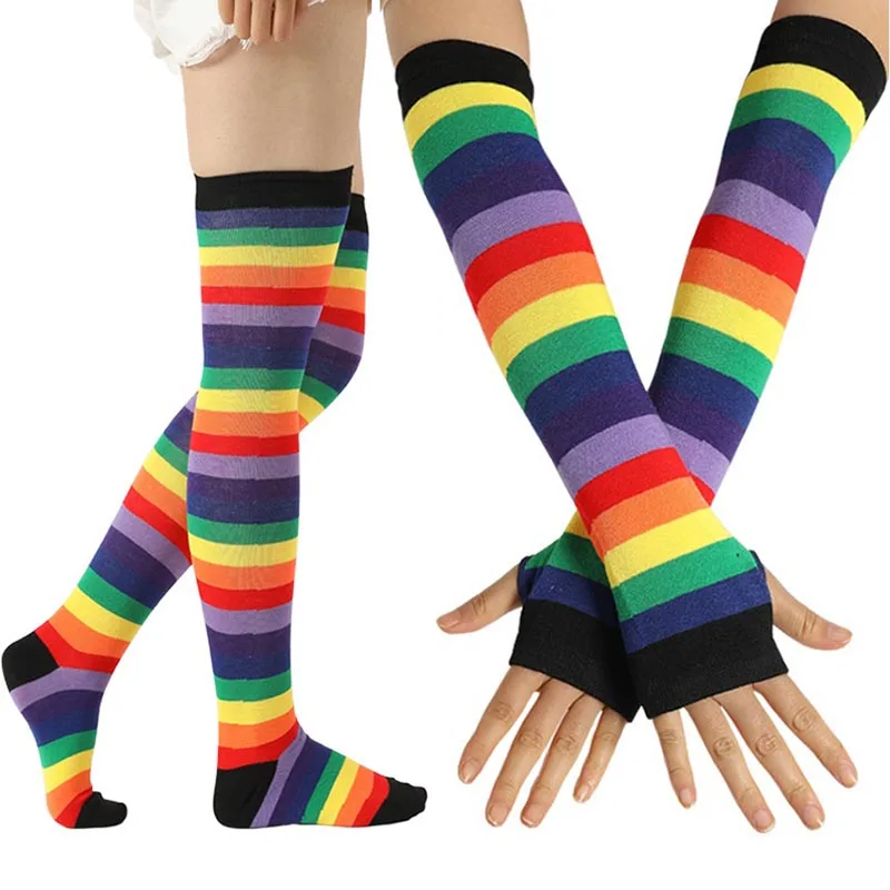 1 Set Girls Over Knee Long Rainbow Stripe Printed Thigh High Socks Arm Sleeve Gloves Sweet Cute Socks Fashion Warmer Accessories