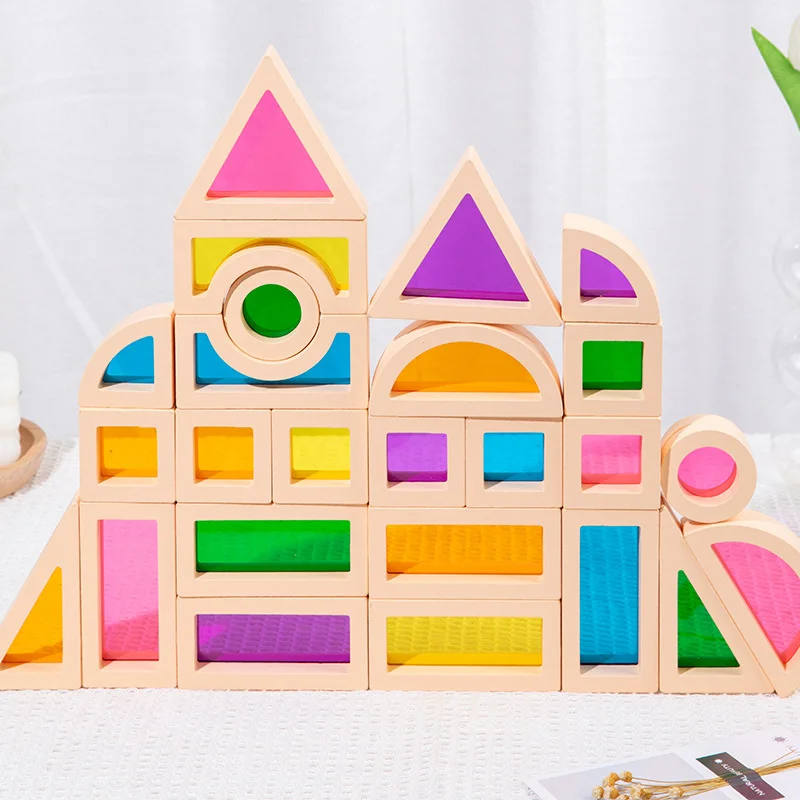 

25pcs Acrylic Wooden Toys Transparent Shape Blocks Rainbow Cognitive Sensory Building Game Educational Toys For Kids Montessori