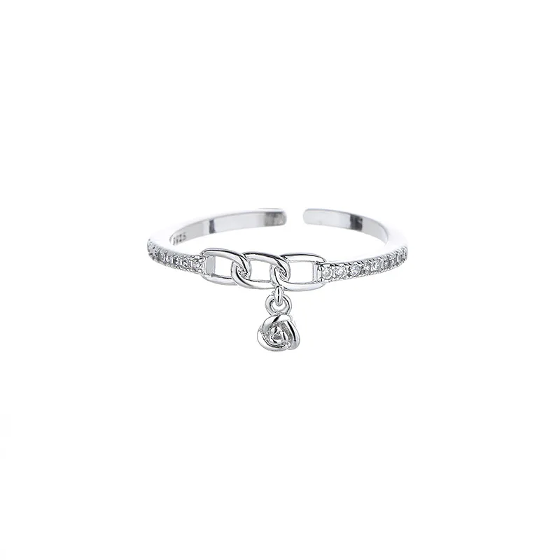 Chain Rose Flowers Pendant Rings for Women Personality Zircon Opening Ring Anniversary Romance Jewelry