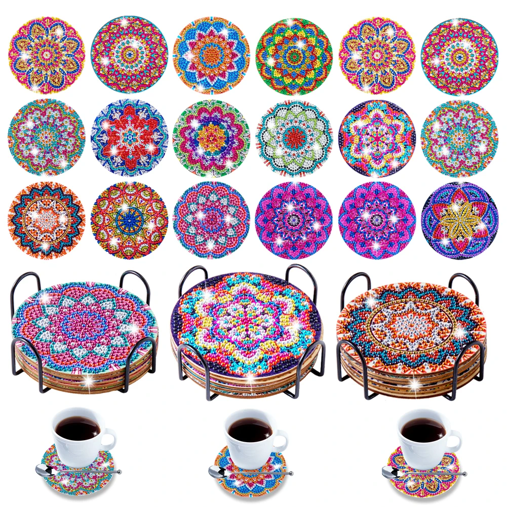 Set di 8 sottobicchieri artistici con supporto per diamante, con diamante, 5D sottobicchieri per tazze, bicchieri da vino, vasi e cucina domestica, sottobicchieri per bevande