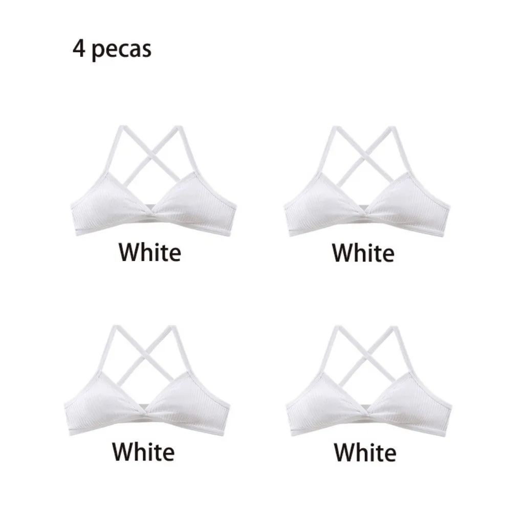 4pcs Unlined Bra Sports V Triangle Cup Cross Sexy Underwear Bra for Woman Set Non Wire Back Cotton Lingerie Set