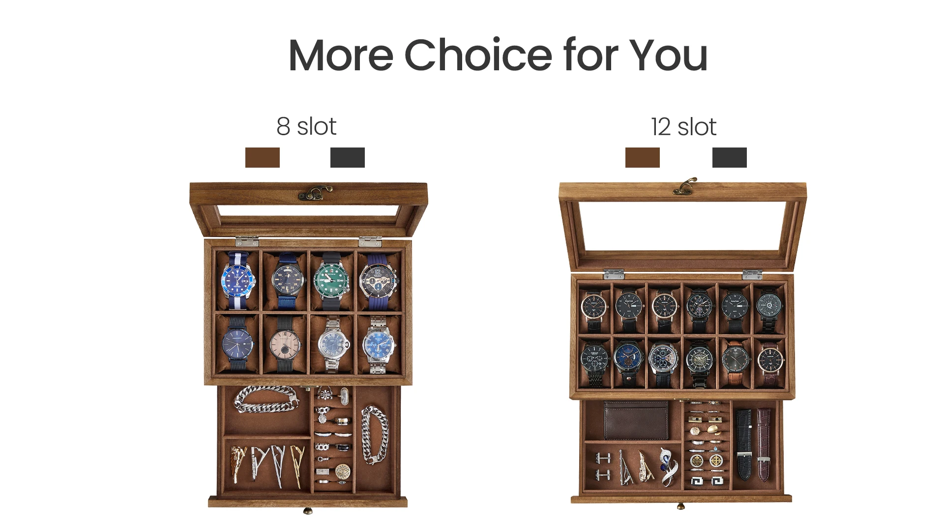 12-Slot Two-Tier Watch and Jewelry Box with Large Glass Lid, Velvet-Lined Compartments,... - SKU JDC00952 - UGI Packaging