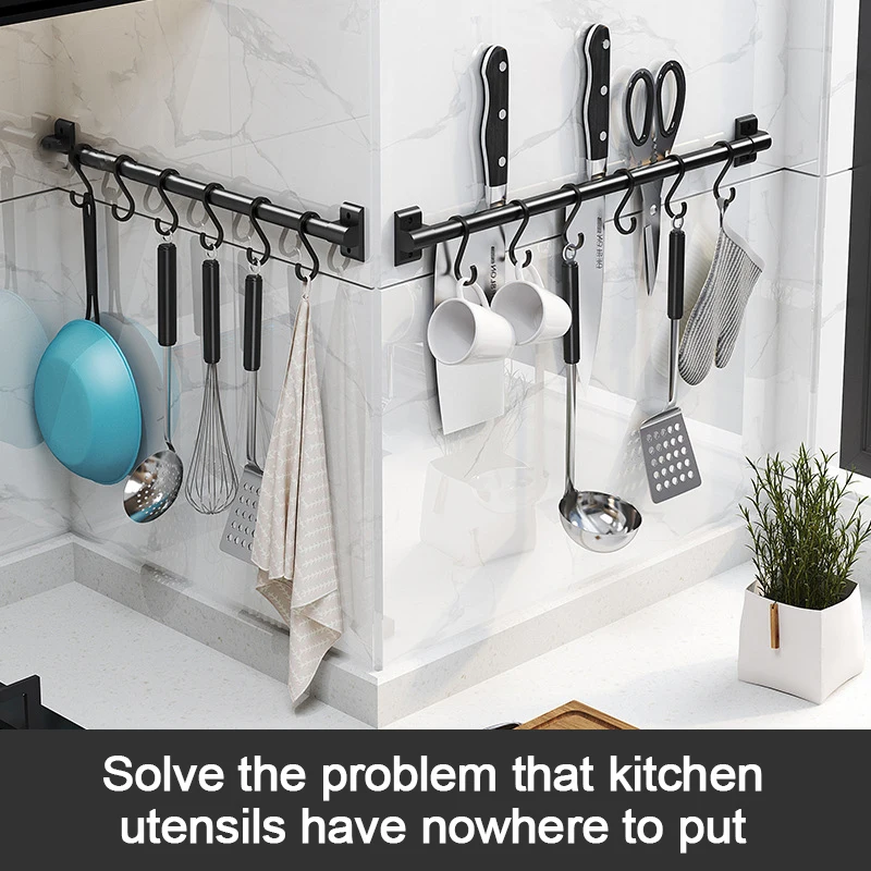 Space Aluminum Kitchen Hooks Organizer Wall Mounted Kitchen Ware Hooks Black Hole-Free and Bathroom Hanging Rod Shelves